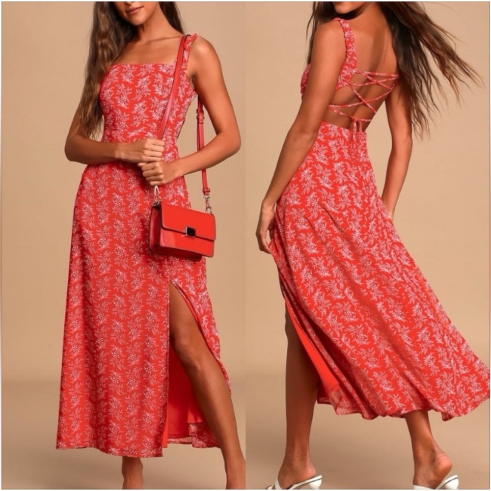 Lulu's Coral Red Floral Maxi Dress with Strappy Back